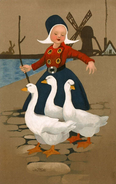 A Young Dutch girl in traditional costume, tending to geese