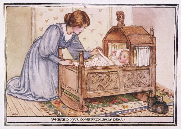 Young mother admires baby in cradle