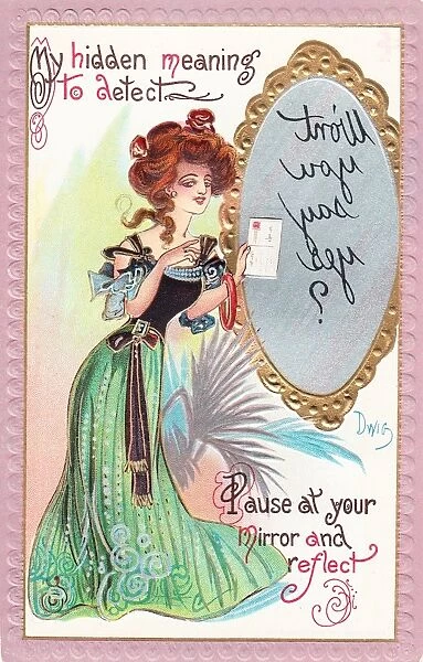 Young woman with mirror on a novelty postcard