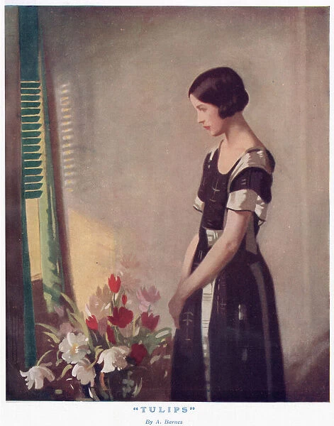 A young woman stands beside a vase of tulips contemplating the summer light filtering