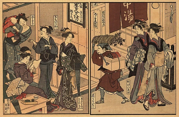 Young women and geisha on an Edo street, 18th century