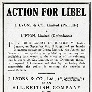 Action for Libel, Lyons v Lipton, WW1