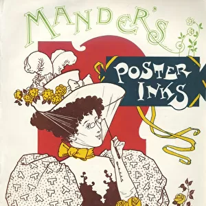 Advertisement for Manders poster inks depicting a lady looking through a lorgnette