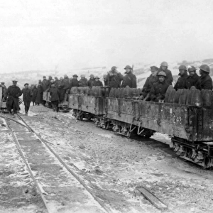 Allied soldiers on small ammunition train, WW1