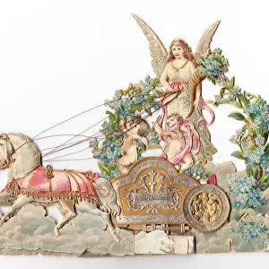Angel with horse-drawn chariot on a Christmas card