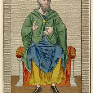 Anglo-Saxon nobleman with a forked beard wears a green mantle fastened with a brooch