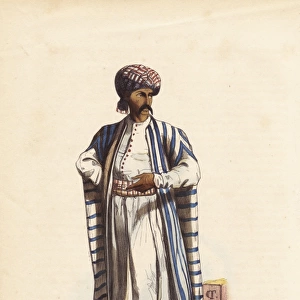 Arabian merchant with tattoos in turban, striped