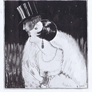 Art deco sketch by G. Peres of glamorous young lady and her