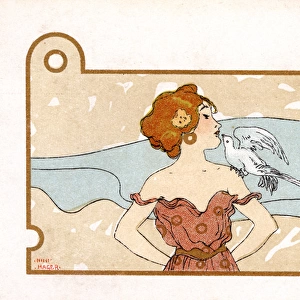 Art Nouveau - pretty girl kissing a white dove
