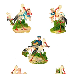 Babies and storks on five Victorian scraps