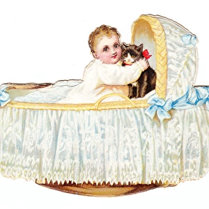 Baby and cat in a cradle on a cutout greetings card