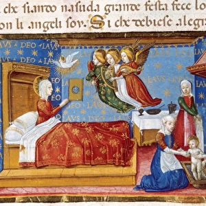 Birth of Mary. Codex of Predis (1476). Italy