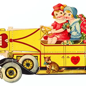 Boy and girl in a car on a cutout Valentines card