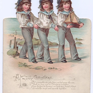 Three boys in sailor suits on a cutout Christmas card