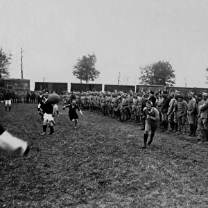 British and French soldiers playing football, WW1