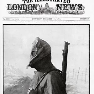 A British soldier wearing a new gas mask on the front cover of The Illustrated London