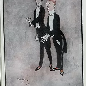 Caricature illustration, The Killers by H M Bateman. Showing two young gentlemen in evening dress suits, fancy socks and dance shoes. Henry Mayo Bateman (1887-1970)'illustrator and cartoonist