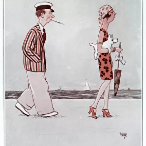 Cartoon by Alfred Leete showing a fashionable 1920s couple walking along a beach