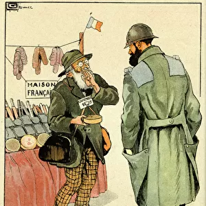Cartoon, The good trader. A salesman of food and other items offers a French soldier