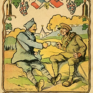 Cartoon, Sharing a drink, WW1