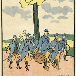Cartoon, soldiers returning from leave, WW1