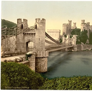 Castle and suspension bridge, Conway (i. e. Conwy), Wales