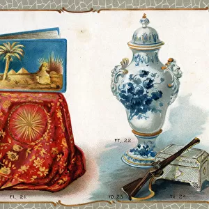 Catalogue illustration, embroidered cloth, vase, album, etc