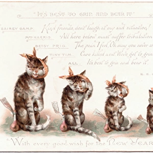 Four cats with toothache on a New Year card