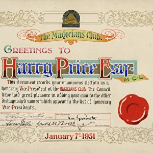 Certificate for Harry Price from the Magicians Club