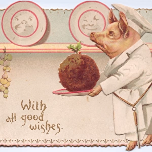 Chef pig with pudding on a Christmas card