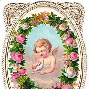 Cherub with dove and pink roses on a greetings card