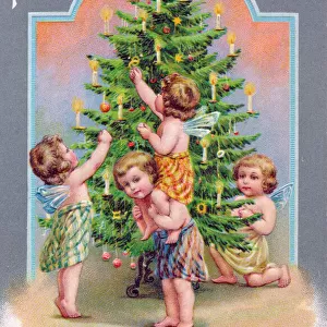 Cherubs with tree on a Christmas postcard