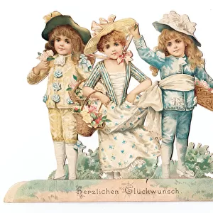 Three children on a cutout German greetings card