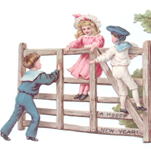 Children on a fence on a cutout New Year card