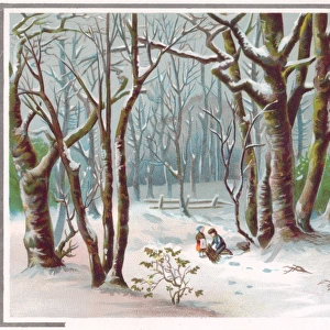 Two children gathering firewood on a Christmas card
