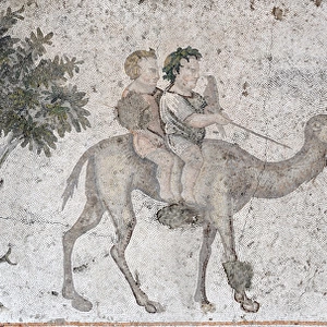 Two children riding on a camel. Mosaic of the Great Palace M