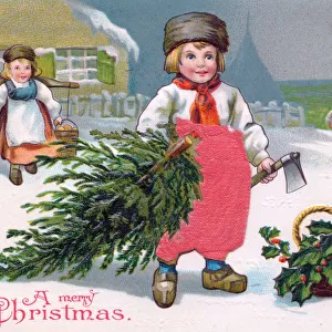 Children with tree and holly on a Christmas postcard