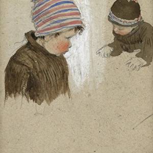 Two children in woolly hats by Muriel Dawson