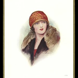 Chocolate box design, lady in red and gold cloche hat