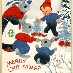 Christmas card, Pixie and Bunny Rabbits in Snow