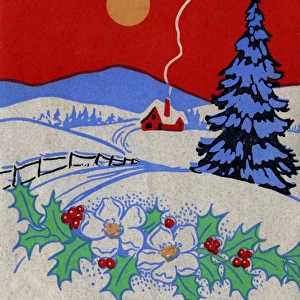 Christmas card, Snow scene with cottage