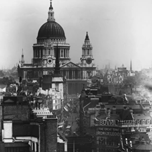 Cityscape view of Ludgate Circus and St Pauls Cathedral
