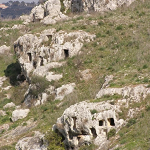 Cliff-face tombs carved into solid rock, near Ferla, Sicily