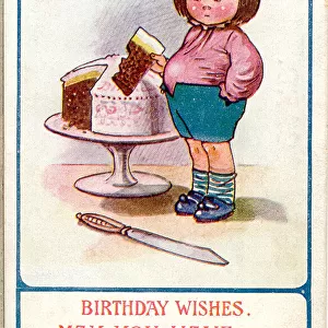 Comic birthday postcard, Boy with large cake, and a swelling stomach Date