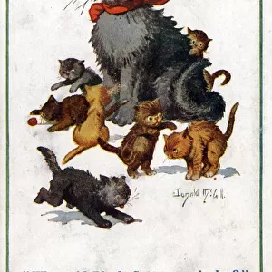 Comic postcard, Black cat annoyed by kittens Date: circa 1918