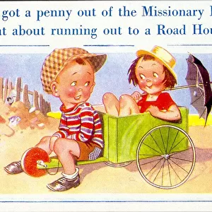 Comic postcard, Boy and girl with a go-kart Date: 20th century