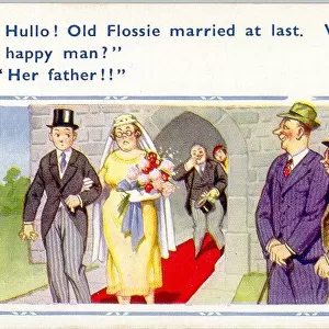 Comic postcard, Bride and groom leaving church