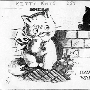 Comic postcard, Two cats in a garden - Have you been waiting long? Date: 1913