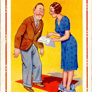 Comic postcard, Couple discussing the football pools Date: 20th century