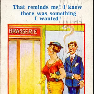 Comic postcard, Couple outside brasserie